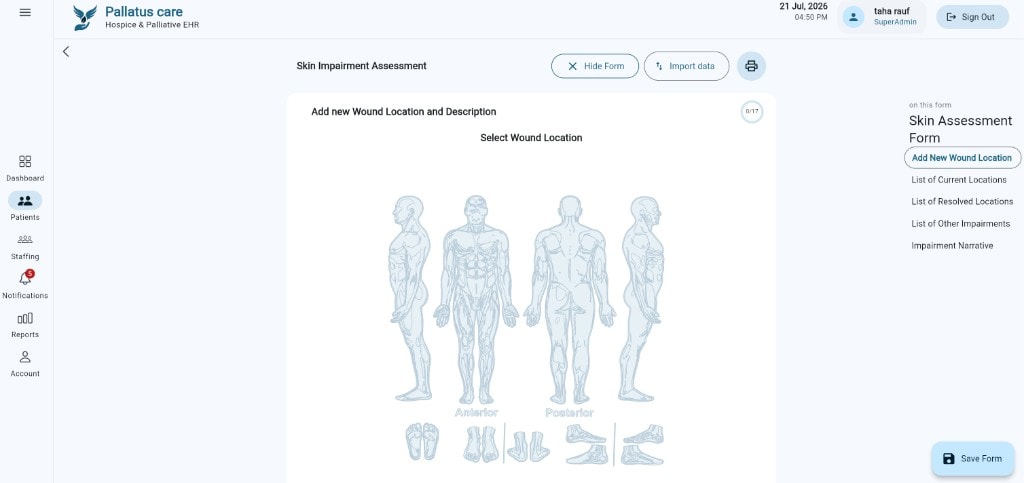 HospiNotes skin impairment assessment with anatomical wound mapping