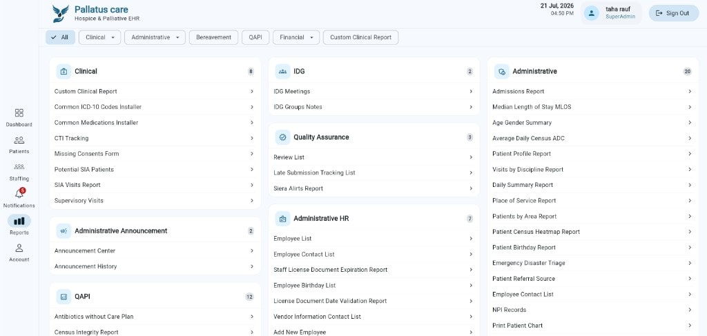 HospiNotes reports library with clinical, administrative, and QAPI filters