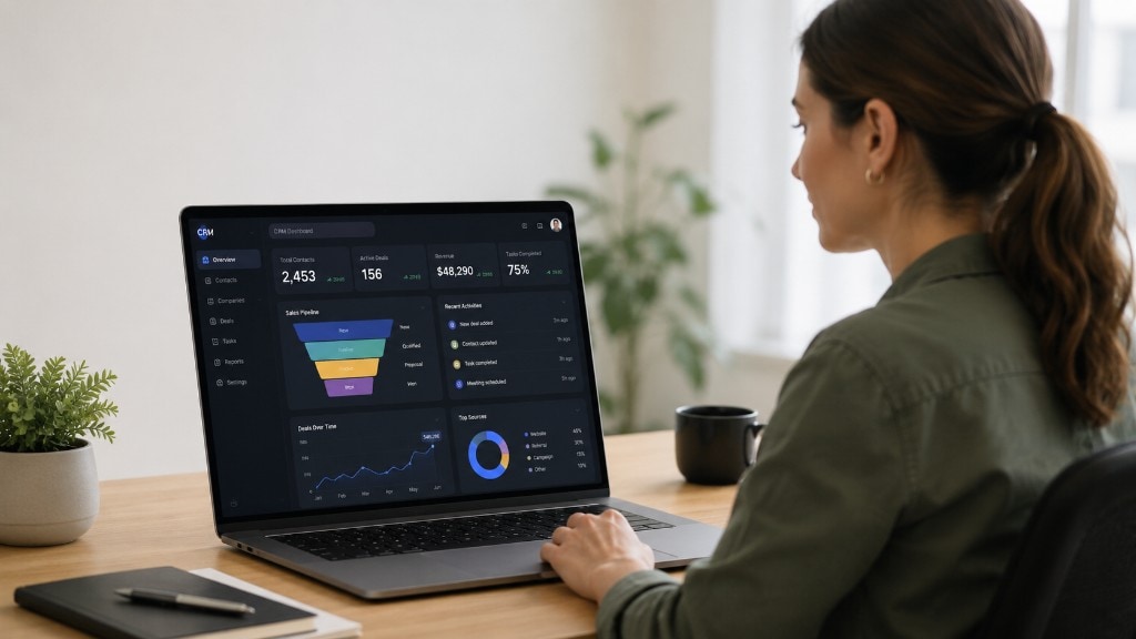 Person reviewing a customized CRM dashboard on a laptop
