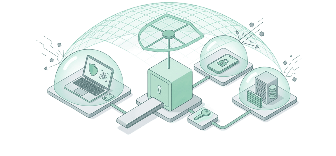 Illustration of protected endpoints secured across connected workstations and devices
